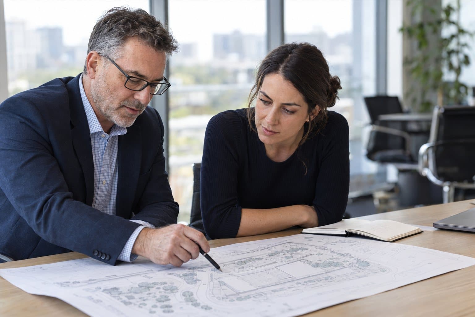 Two colleagues reviewing a site plan together at a desk