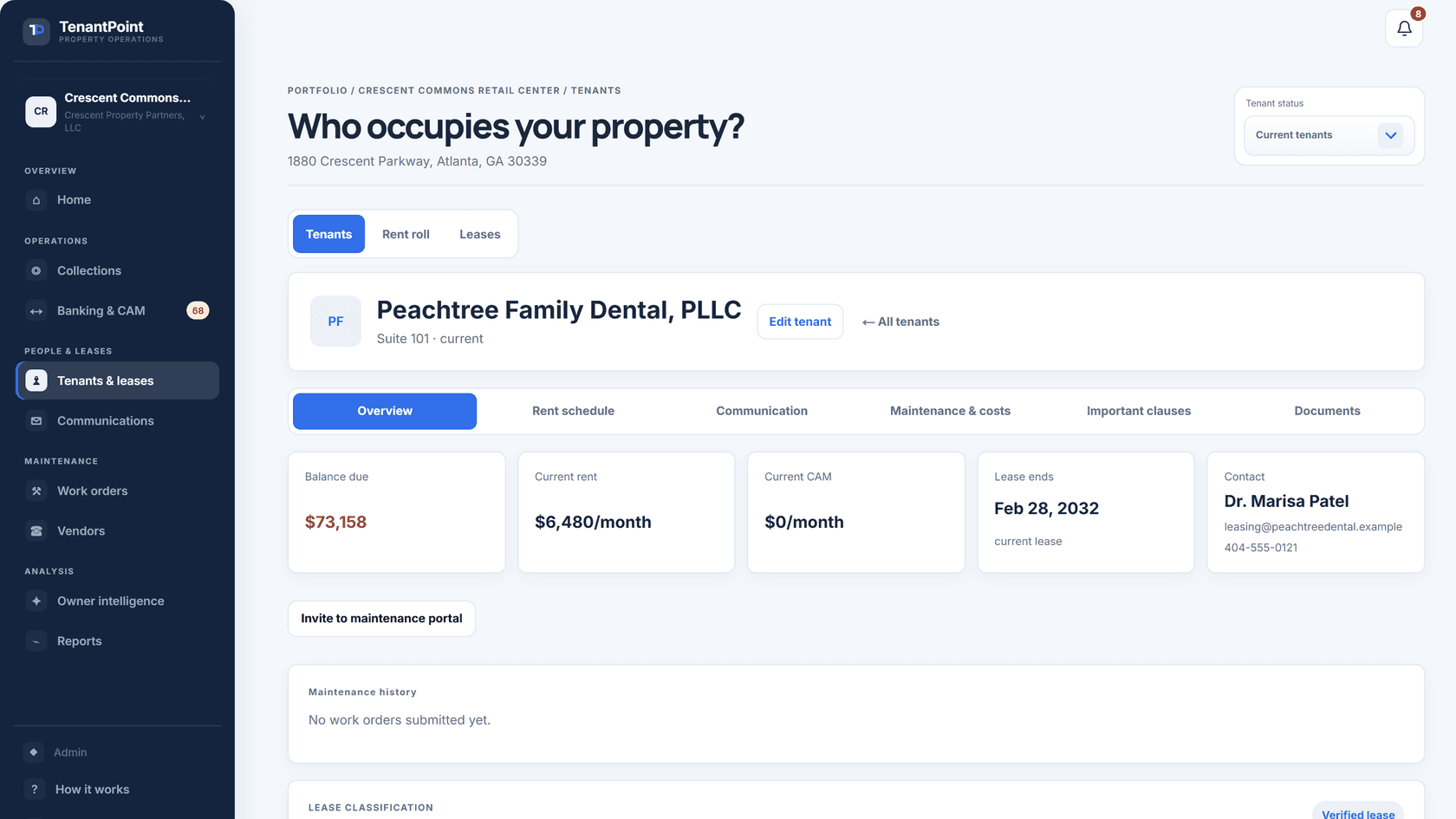 TenantPoint lease overview showing current rent, CAM, and lease end date