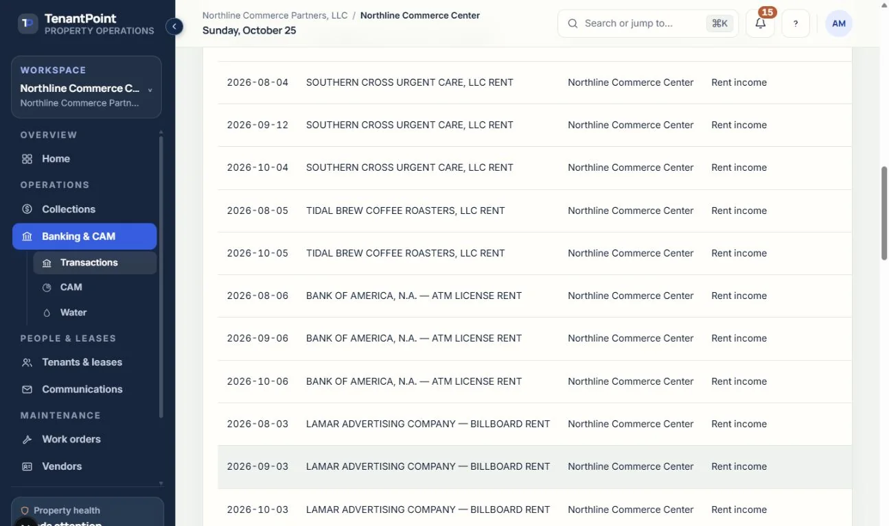 Banking shows transaction review and reconciliation for fictional sample bank activity. A bank feed is separate from tenant payments.
