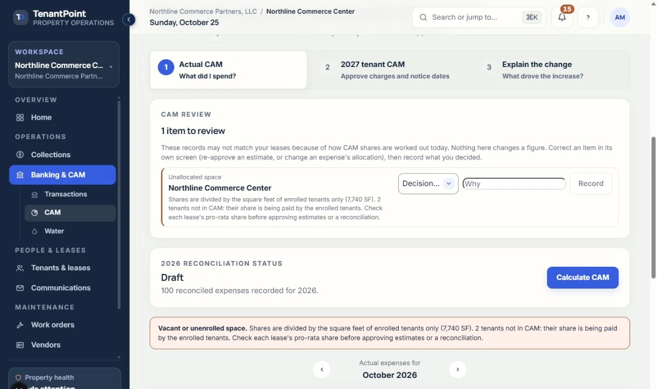 CAM shows recoverable property expenses and tenant allocation review using sample records. Review the applicable lease rules before confirming.