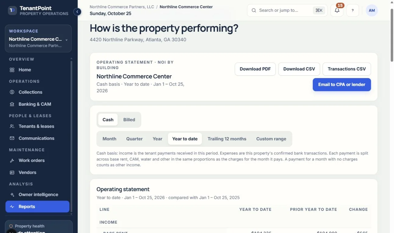 Reports presents commercial property financial information for the selected period. Sample figures are not customer financial records.