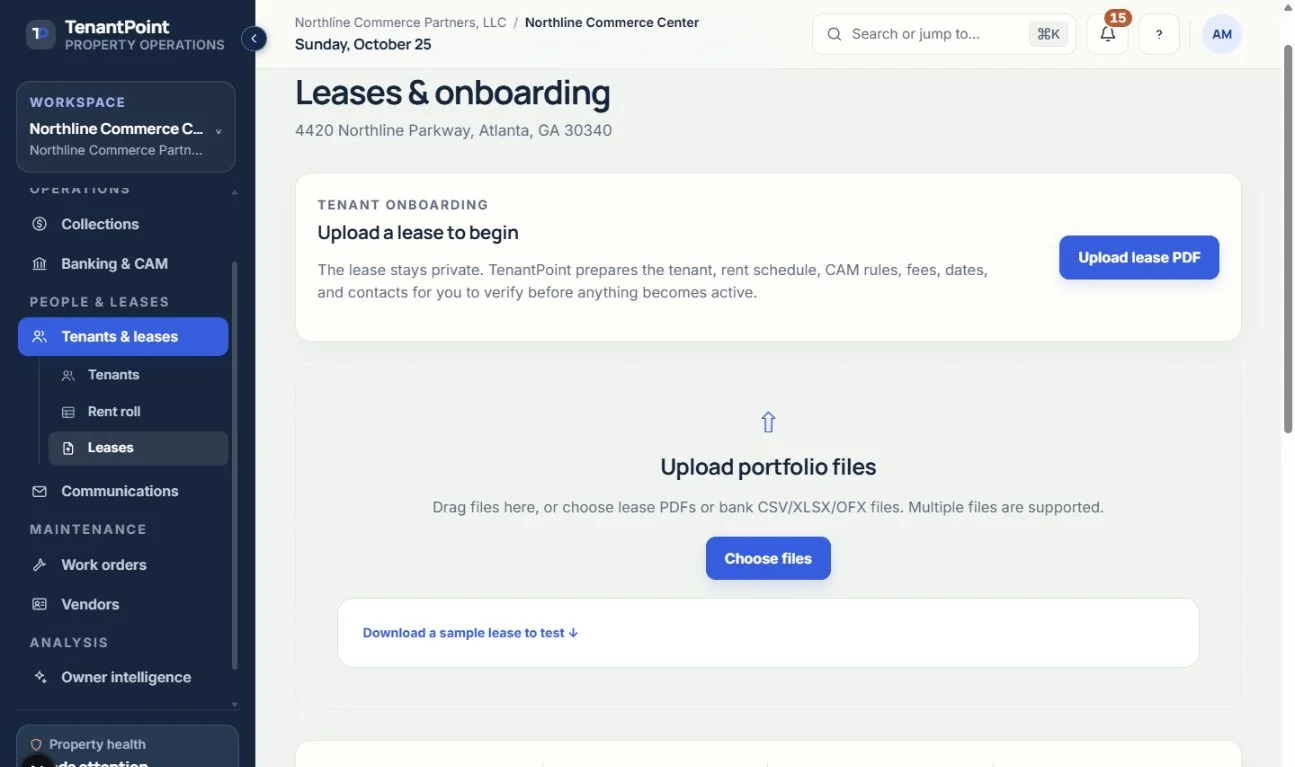 Leases & onboarding provides the current lease-document upload and review entry point. Sample workspace.