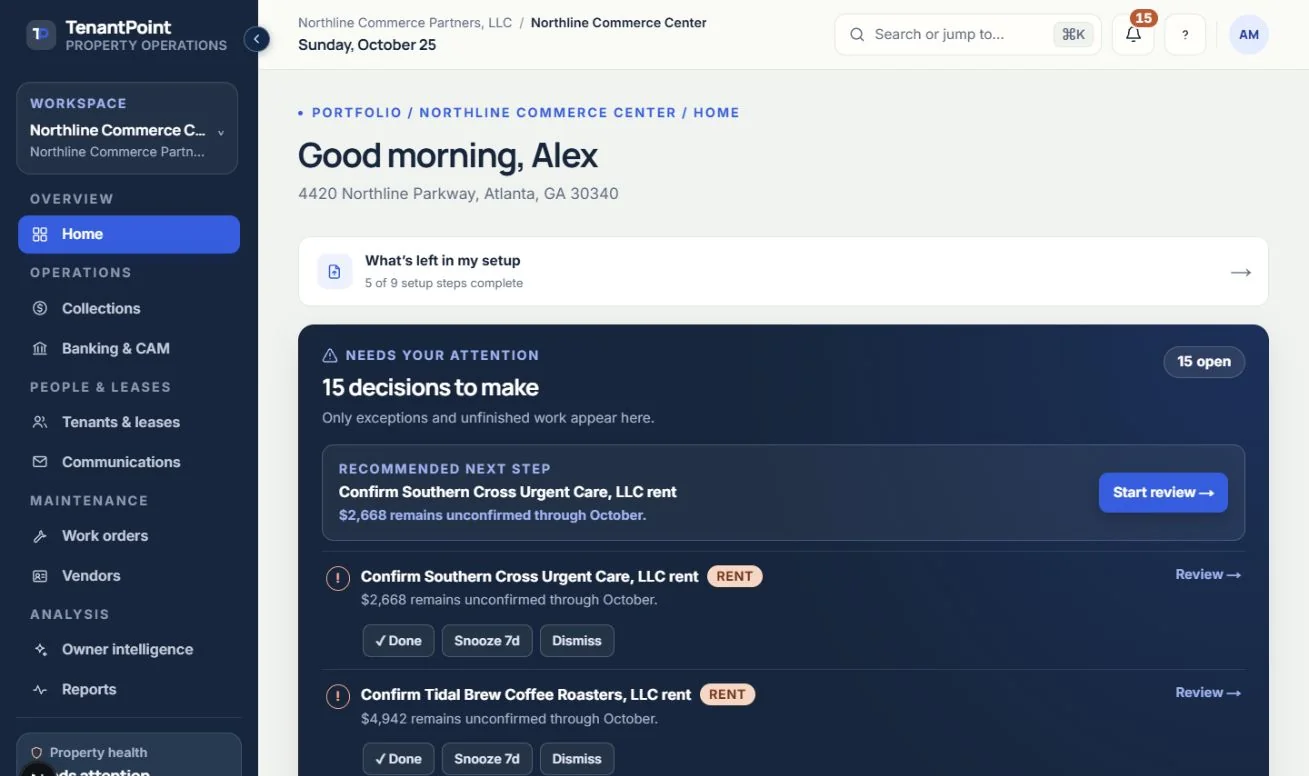 TenantPoint Home organizes the selected commercial property's daily decisions and rent activity. Example property records.