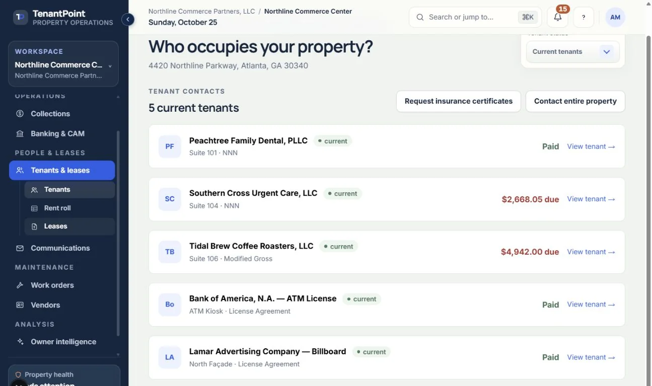 The current tenant and lease list brings property records into one workspace. Fictional sample tenants.