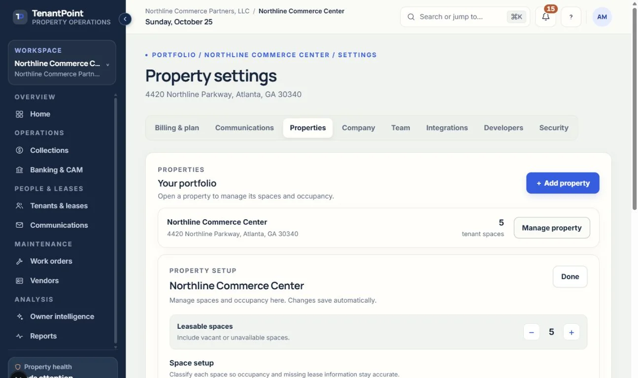 Settings → Properties shows property and space setup in the current interface. Sample property only.