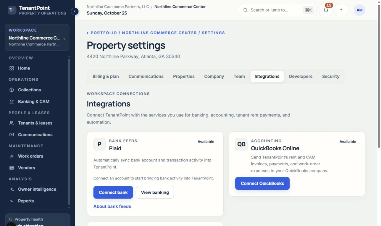 QuickBooks Online is managed in Settings → Integrations. This image shows the connection entry point, not a completed sync or posted accounting entry.