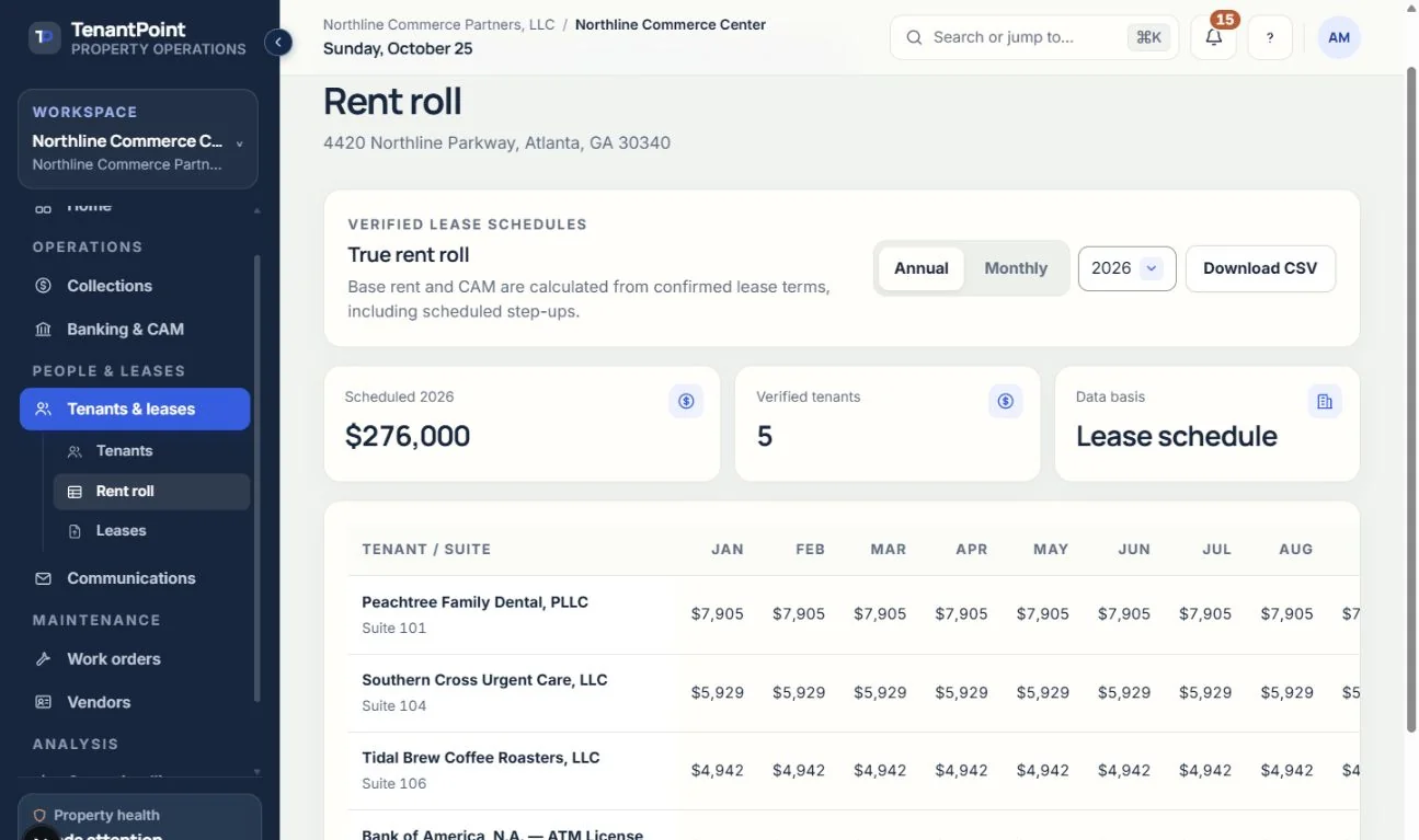 The rent roll connects suite occupancy and lease-based rent information in a fictional property.