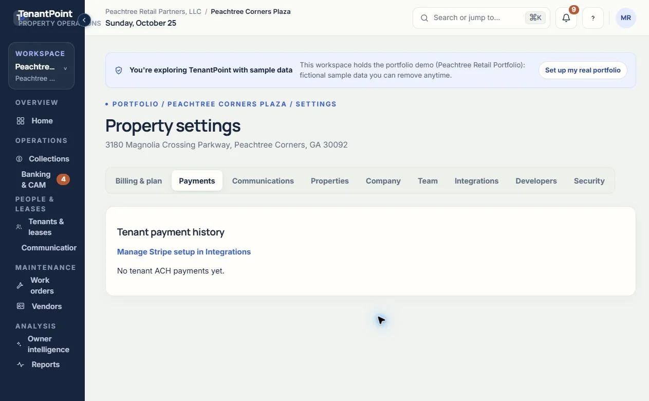 Settings → Payments is the tenant ACH history view, with a link back to setup in Integrations. Empty internal demo history, not a receipt.