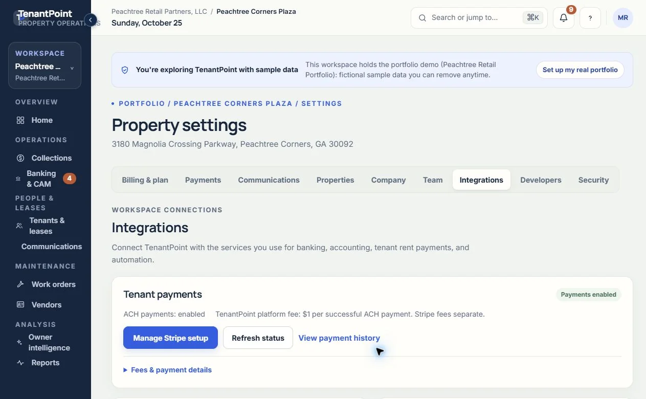 Settings → Integrations contains tenant-payment status, Stripe setup, Refresh status and fee details. Owner-controlled internal demo; no transaction shown.