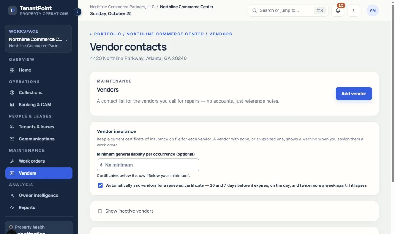 The vendor list keeps contractor and insurance status visible. All shown vendor records are fictional examples.